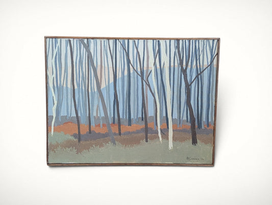 Alice Craemer 1974 forest landscape painting front view — rows of bare trees in dusty blue and gray over a rust and sage ground, signed lower right, in slim wooden frame