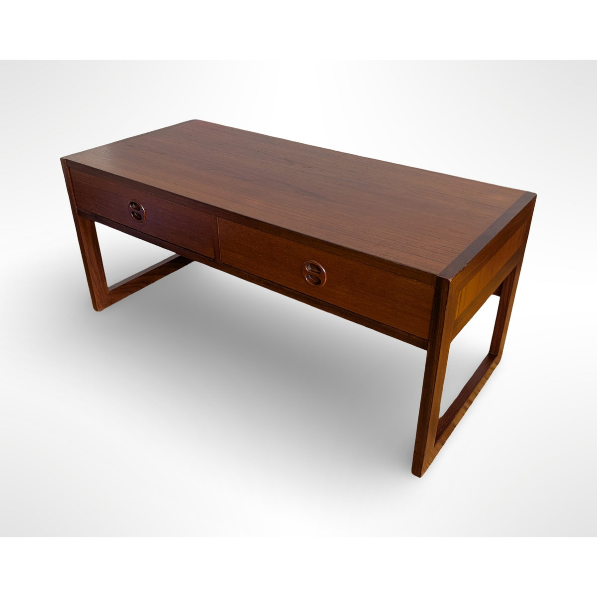 Arne Wahl Iversen Danish modern teak entryway cabinet with two drawers and sculptural recessed pulls, professionally restored