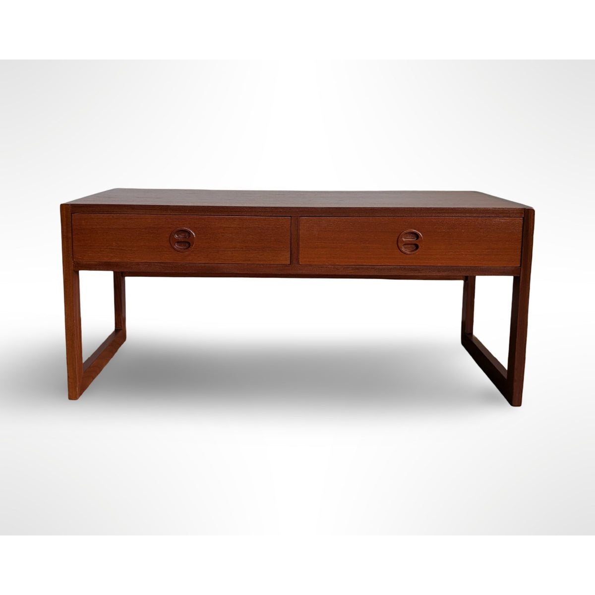 Arne Wahl Iversen Danish modern teak entryway cabinet with two drawers and sculptural recessed pulls, professionally restored