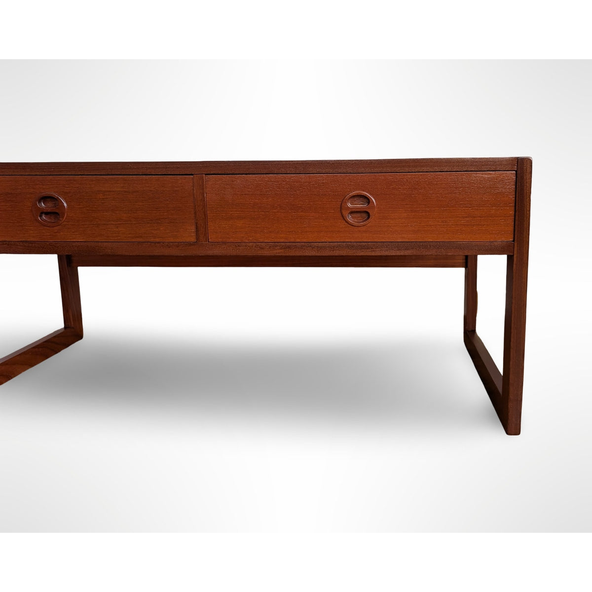 Arne Wahl Iversen Danish modern teak entryway cabinet with two drawers and sculptural recessed pulls, professionally restored