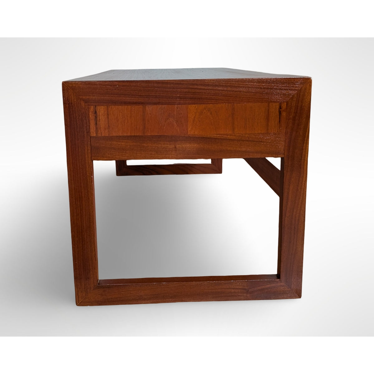 Arne Wahl Iversen Danish modern teak entryway cabinet with two drawers and sculptural recessed pulls, professionally restored