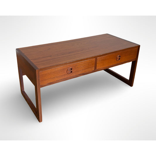 Arne Wahl Iversen Danish modern teak entryway cabinet with two drawers and sculptural recessed pulls, professionally restoredd