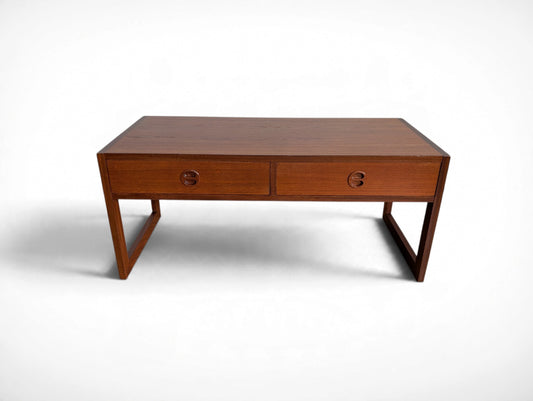 Arne Wahl Iversen Danish modern teak entryway cabinet table with two drawers, circular recessed pulls, and open sled legs
