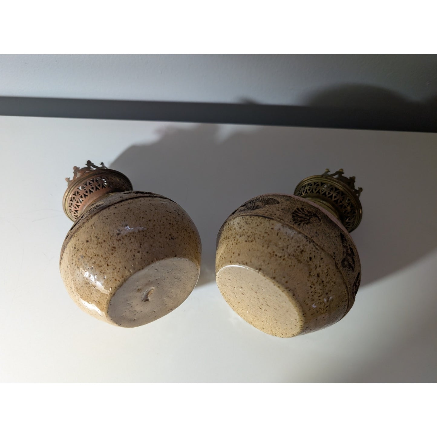 Pair of Vintage Studio Pottery Oil Lamps - Boho Seashell Motif
