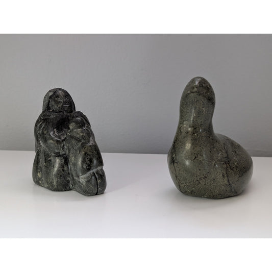 Vintage Canadian Inuit Soapstone Carvings – Set of 2, Seal and Mother with Children