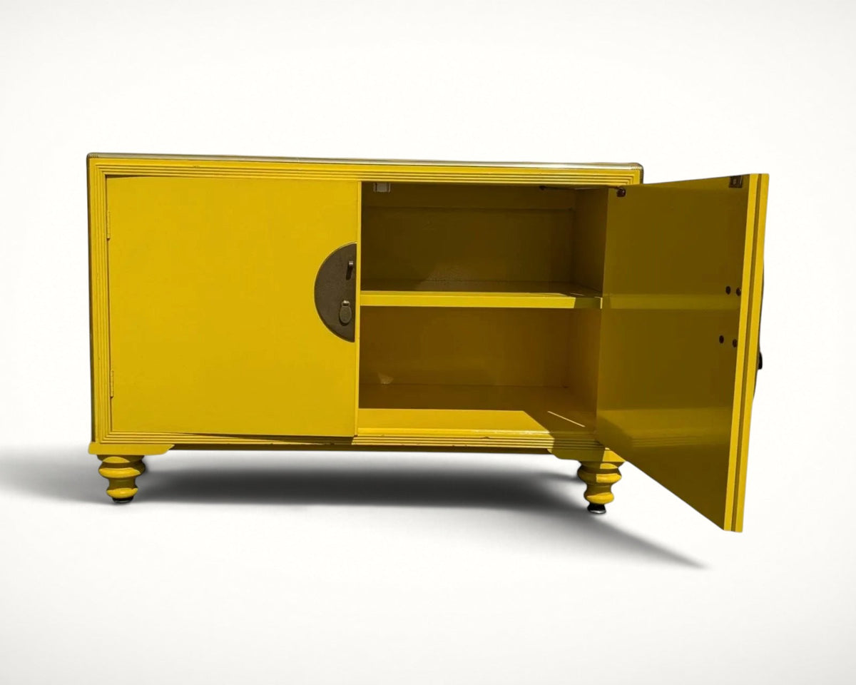 Baker Far East Collection yellow lacquer cabinet by Michael Taylor, interior with door open
