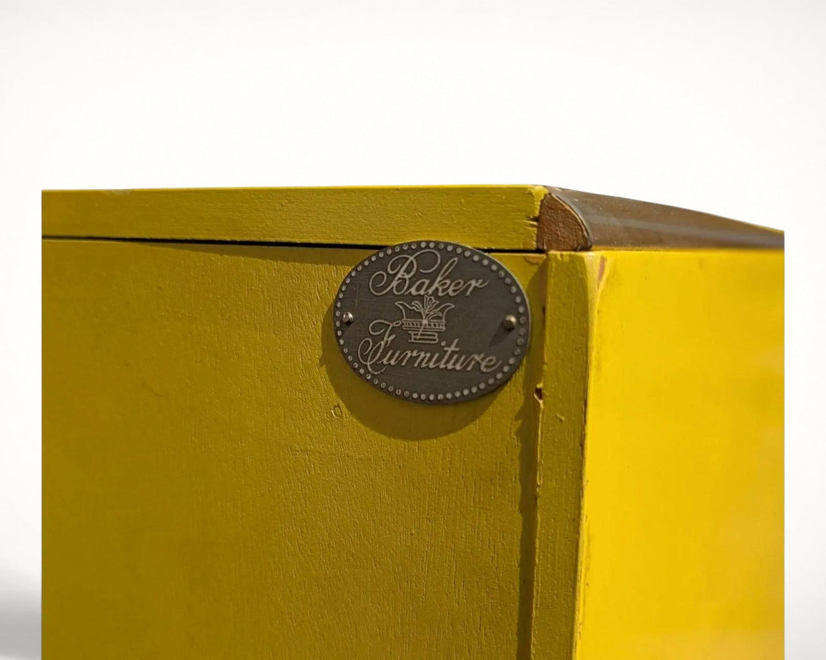 Baker Furniture maker's mark plaque on the Far East Collection cabinet by Michael Taylor