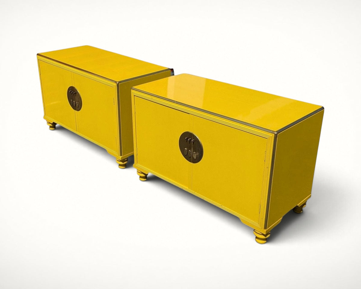 Pair of Baker Far East Collection yellow lacquer cabinets by Michael Taylor, high-angle view