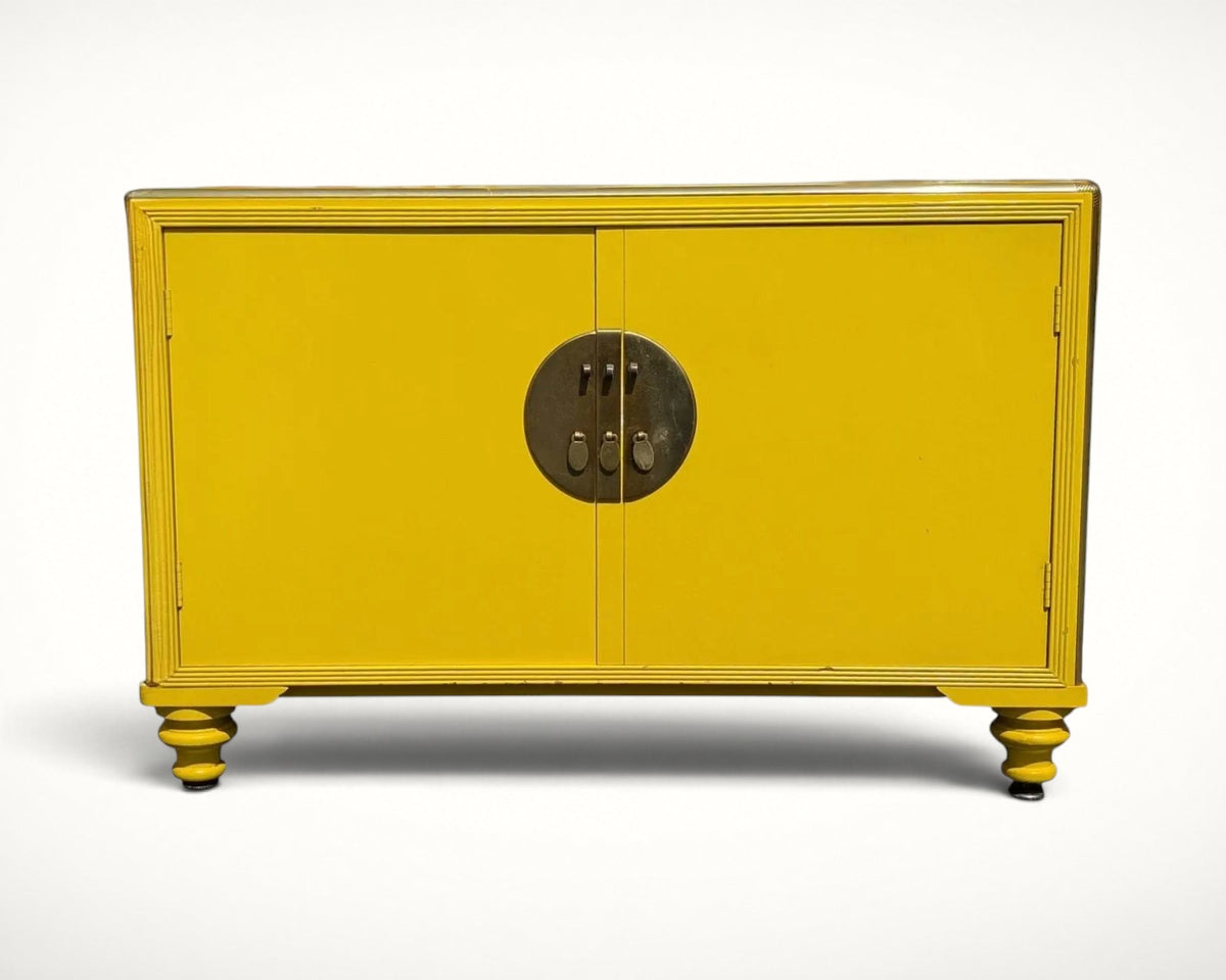 Baker Far East Collection yellow lacquer cabinet by Michael Taylor, front view
