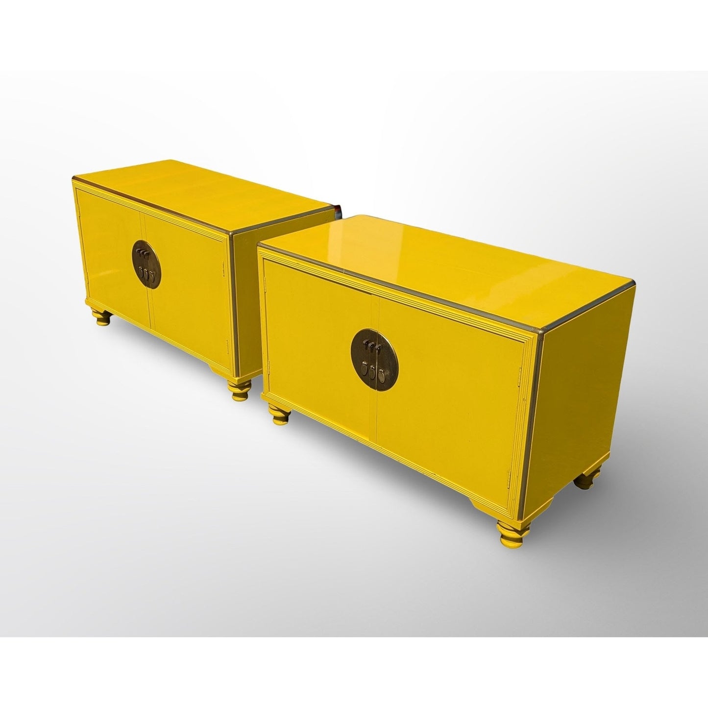 Pair of Baker Far East Collection cabinets by Michael Taylor in yellow lacquer mid century modern design