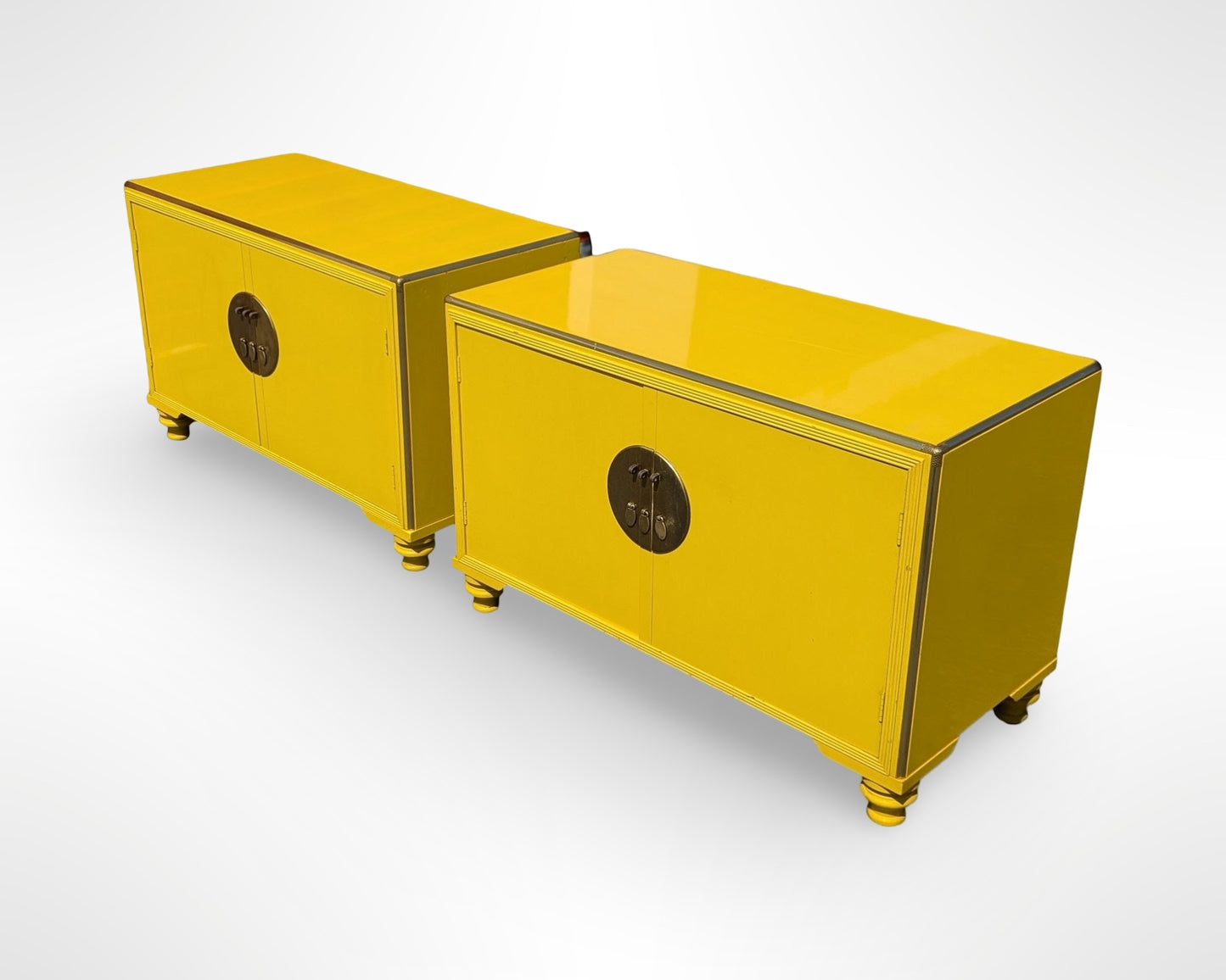 Baker Far East Collection Cabinets by Michael Taylor Yellow Lacquer Pair MCM
