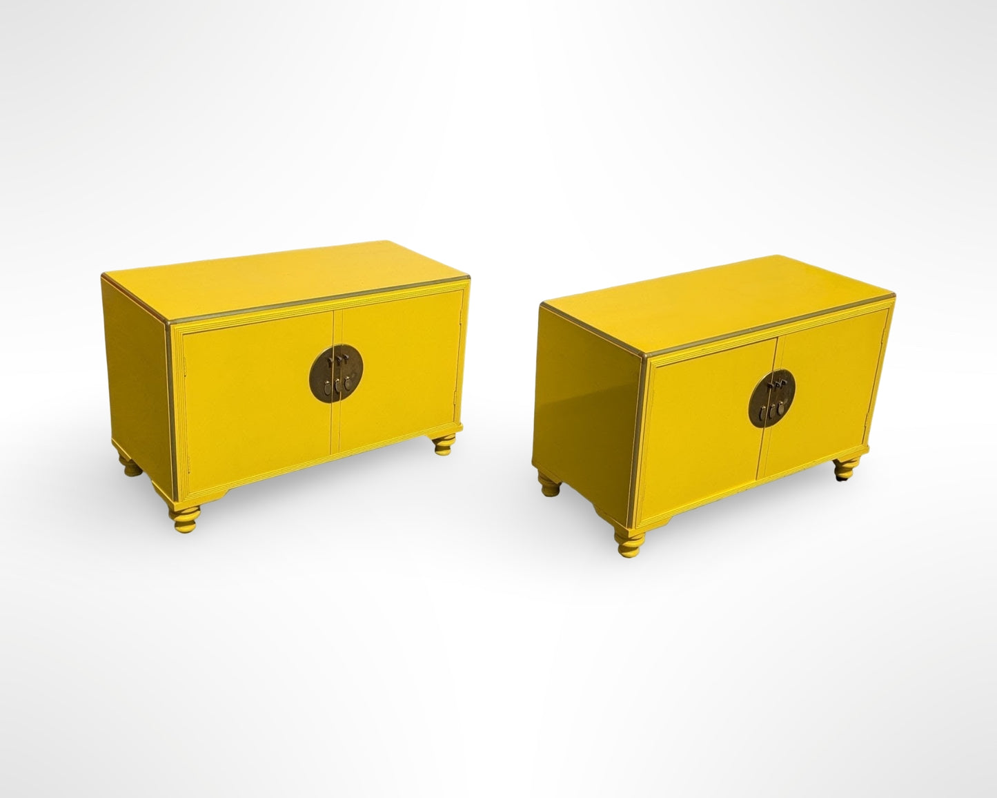 Pair of Baker Far East Collection yellow lacquer cabinets designed by Michael Taylor mid century modern vintage storage furniture