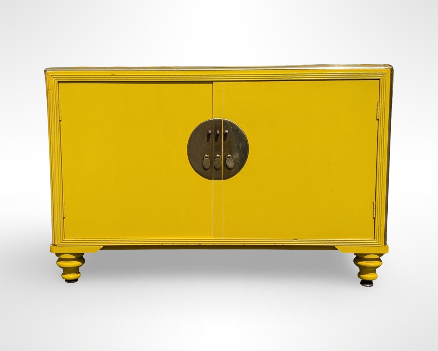 Pair of Baker Far East Collection yellow lacquer cabinets designed by Michael Taylor mid century modern vintage storage furniture