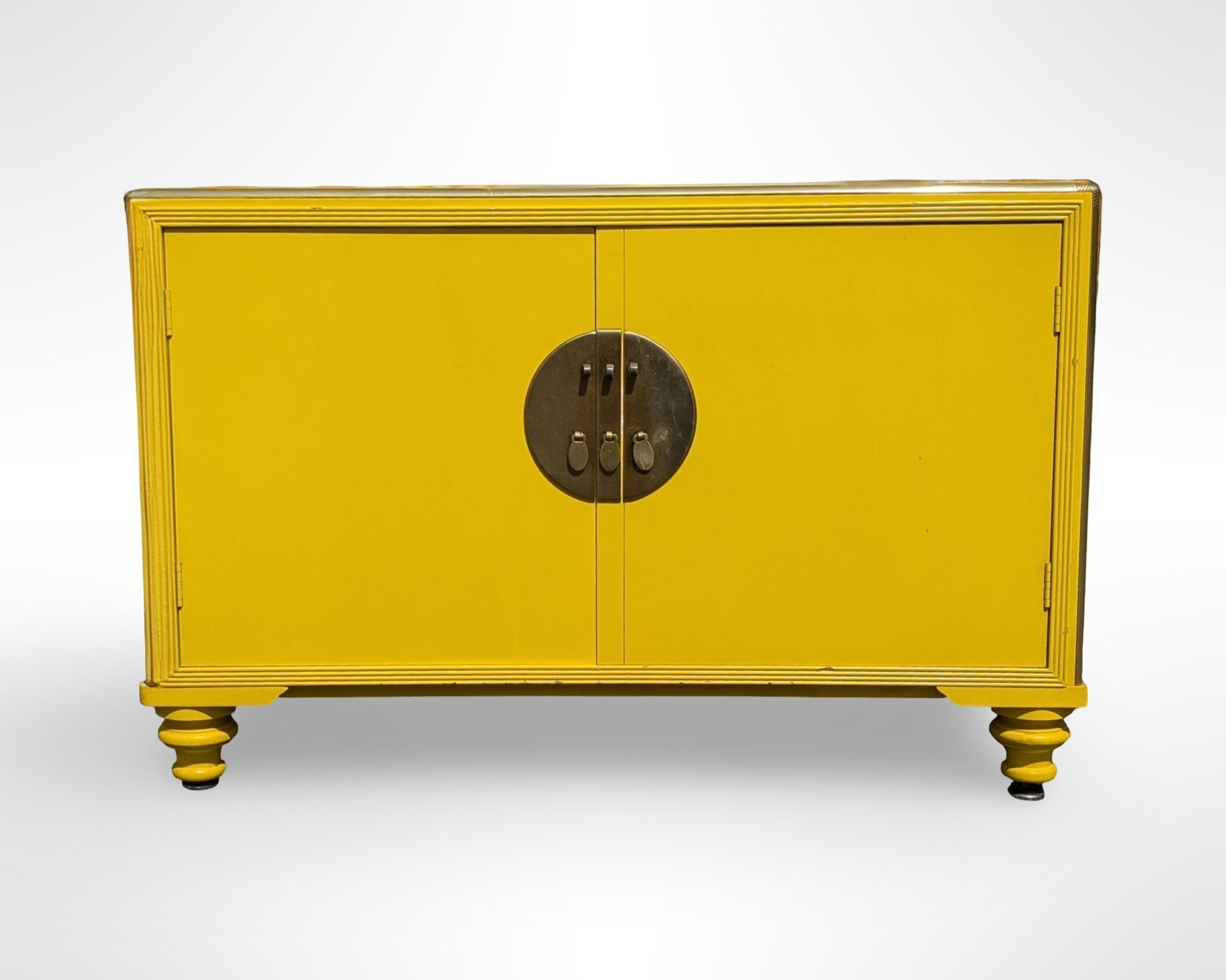 Pair of Baker Far East Collection yellow lacquer cabinets designed by Michael Taylor mid century modern vintage storage furniture
