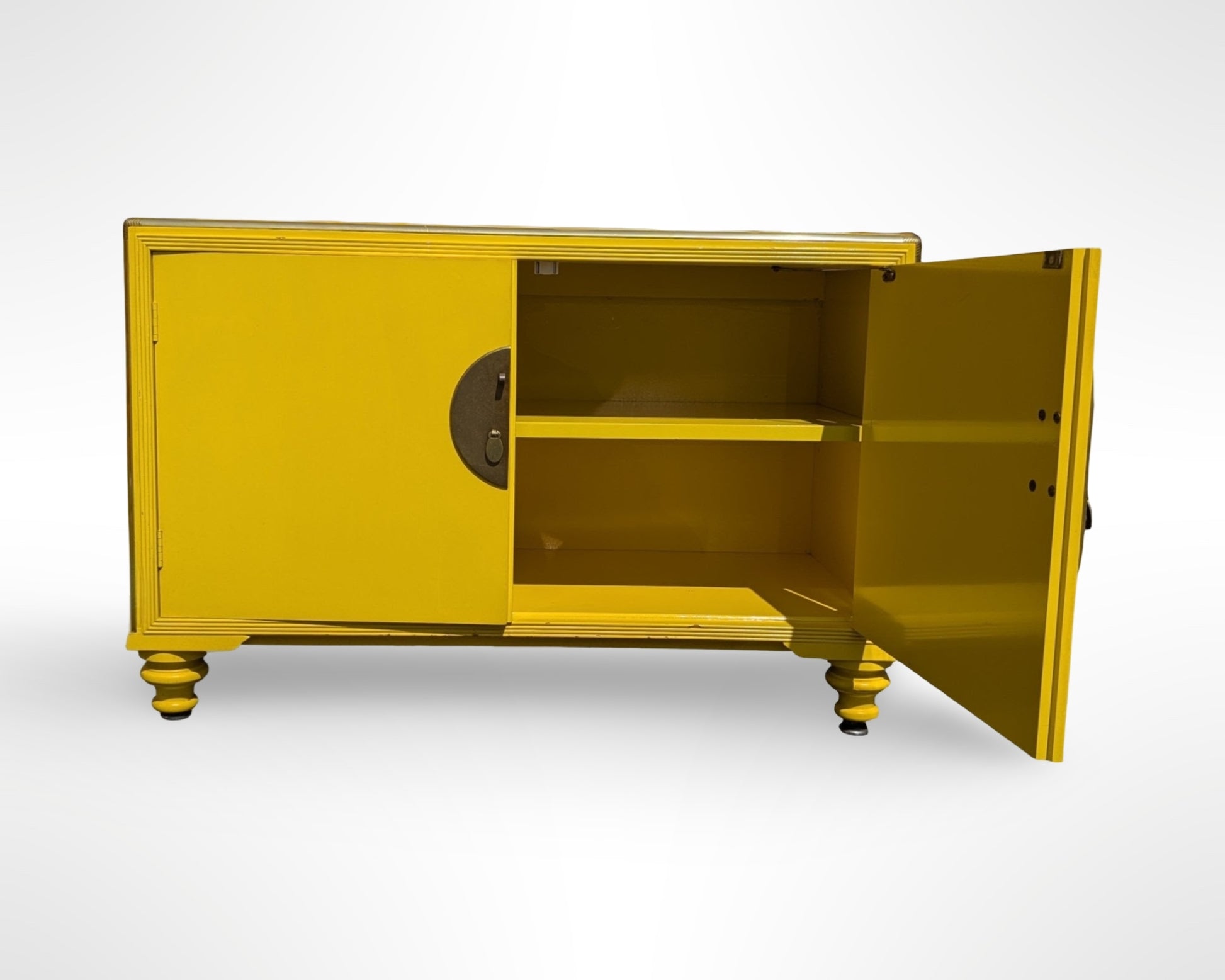 Pair of Baker Far East Collection yellow lacquer cabinets designed by Michael Taylor mid century modern vintage storage furniture
