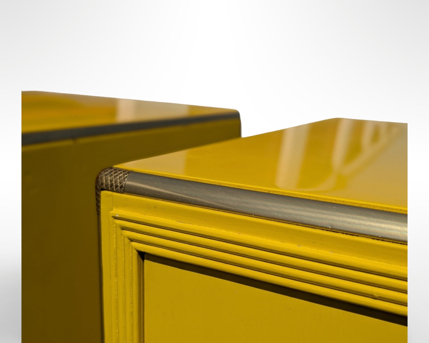 Pair of Baker Far East Collection yellow lacquer cabinets designed by Michael Taylor mid century modern vintage storage furniture