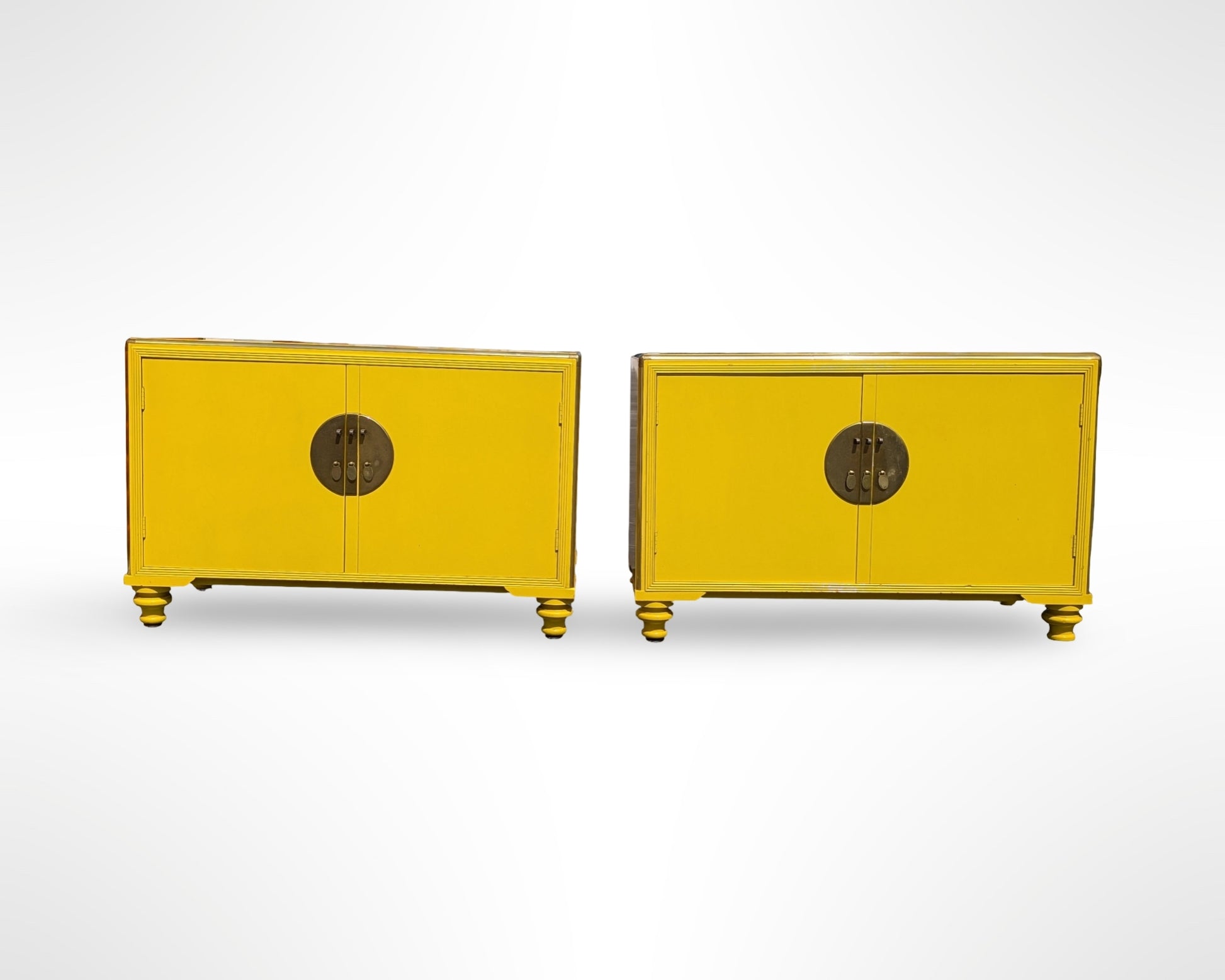 Pair of Baker Far East Collection yellow lacquer cabinets designed by Michael Taylor mid century modern vintage storage furniture