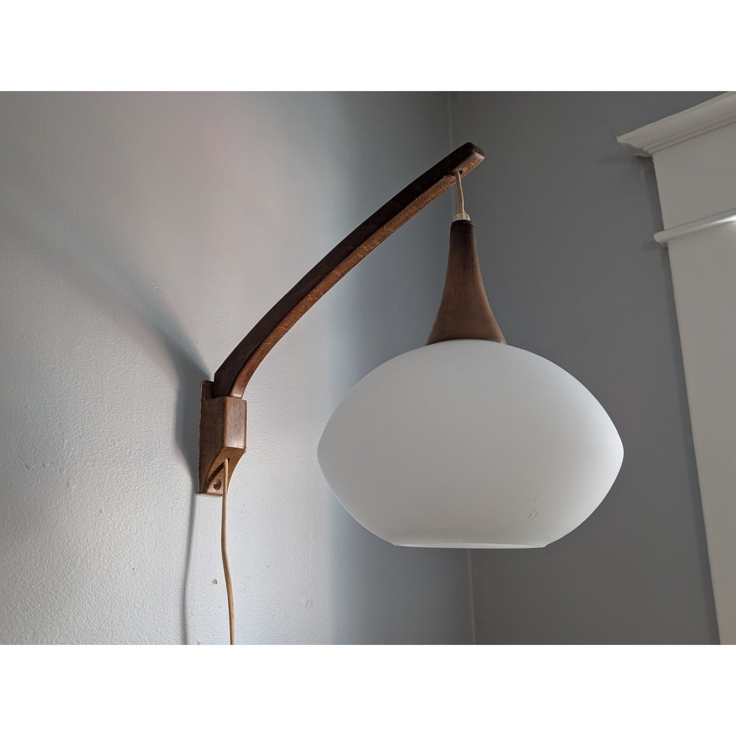 Vintage Mid-Century Modern Wall-Mount Swing Arm Pendant Lamp Frosted Glass Globe