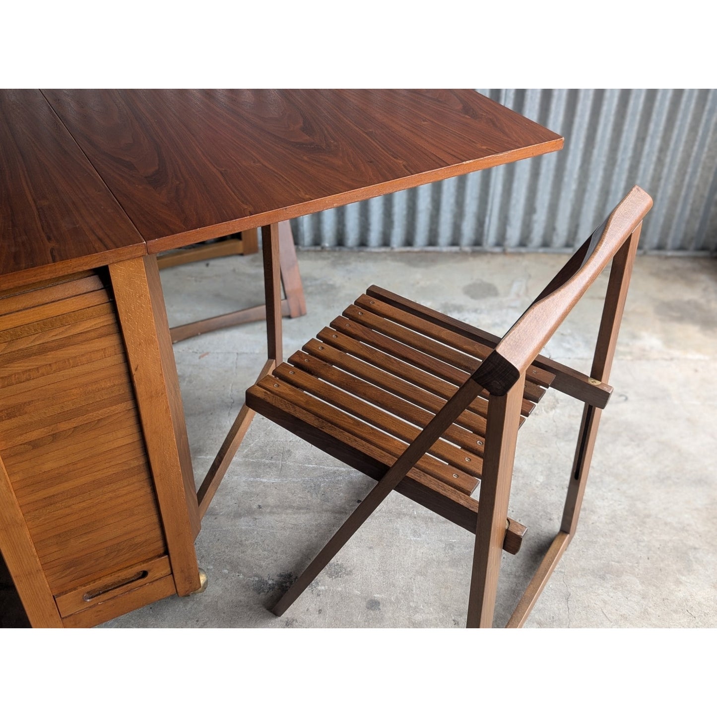 Vintage Mid-Century Modern Drop-Leaf Dining Table with Four Folding Chairs Made in Romania
