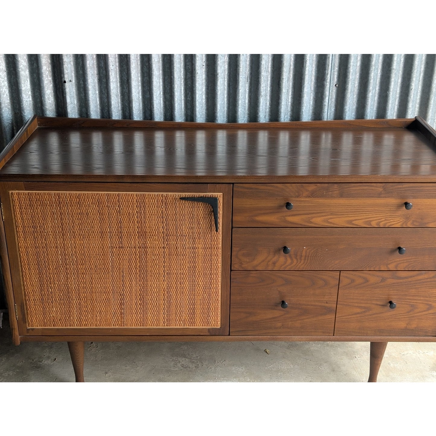 Heywood Wakefield Mid Century Modern Solid Oak Credenza with Cane Door