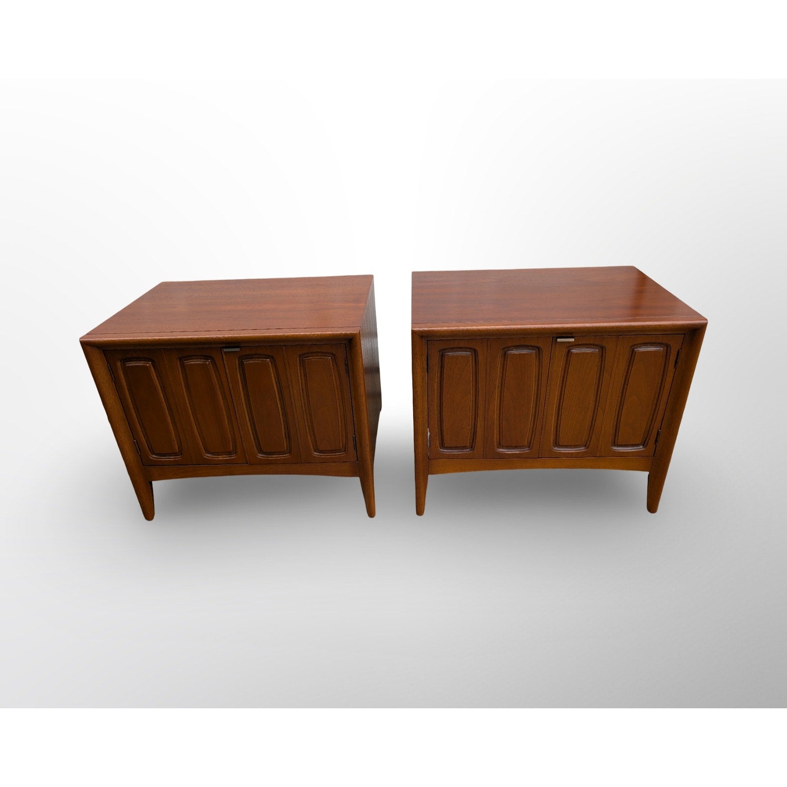Pair of Broyhill Emphasis walnut nightstands restored mid century modern bedroom furniture