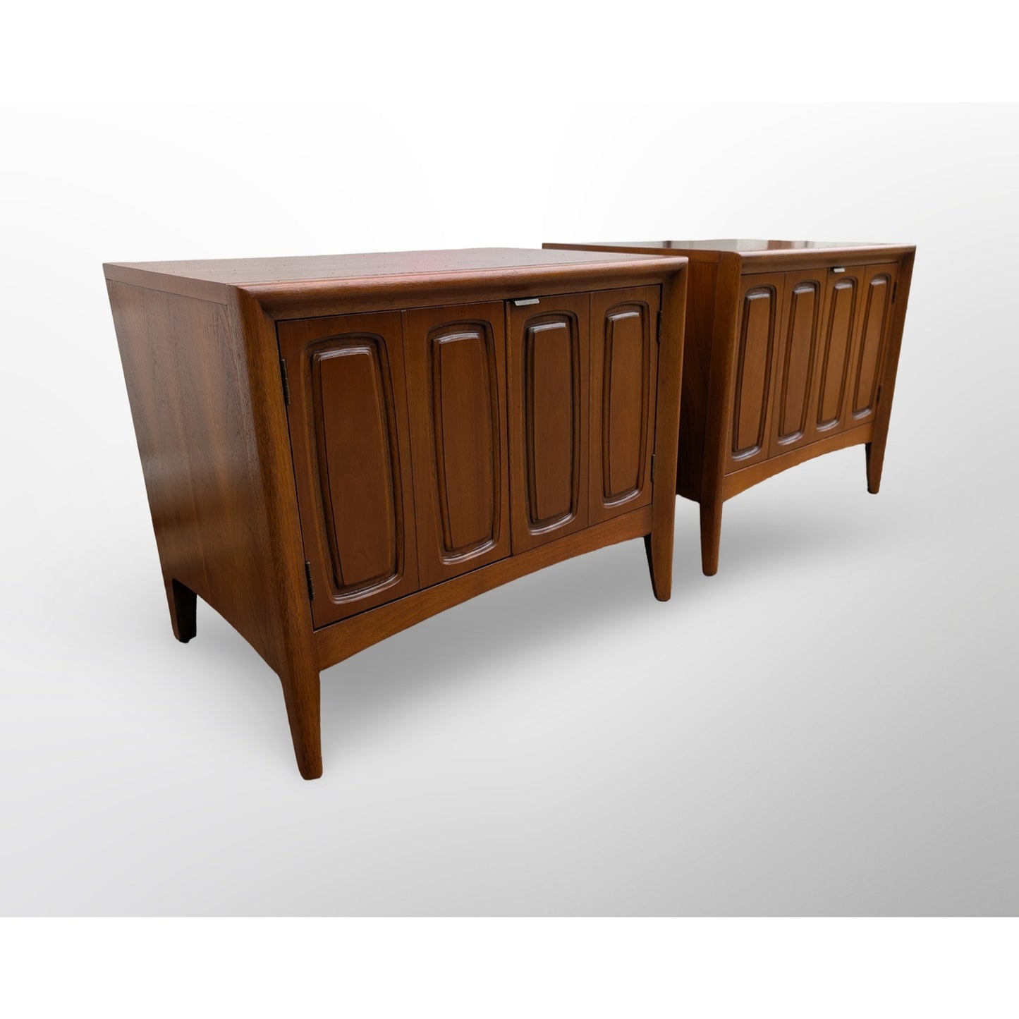 Pair of Broyhill Emphasis walnut nightstands restored mid century modern bedroom furniture
