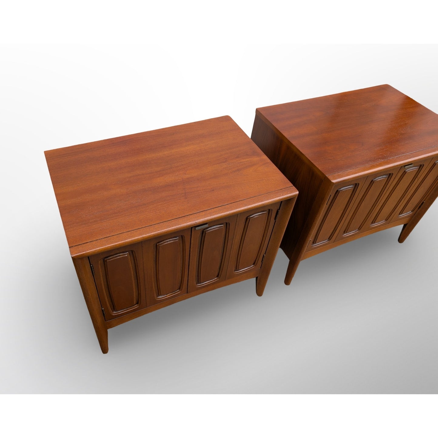 Pair of Broyhill Emphasis walnut nightstands restored mid century modern bedroom furniture