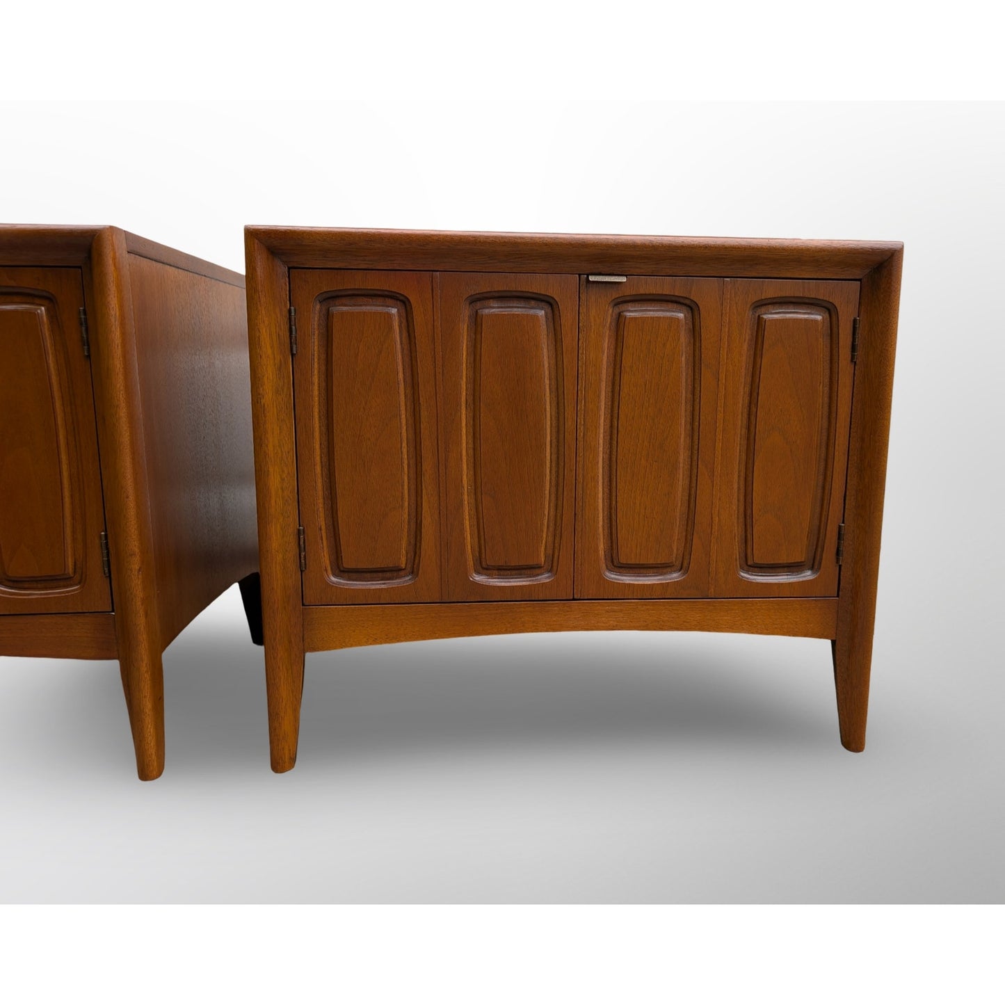 Pair of Broyhill Emphasis walnut nightstands restored mid century modern bedroom furniture