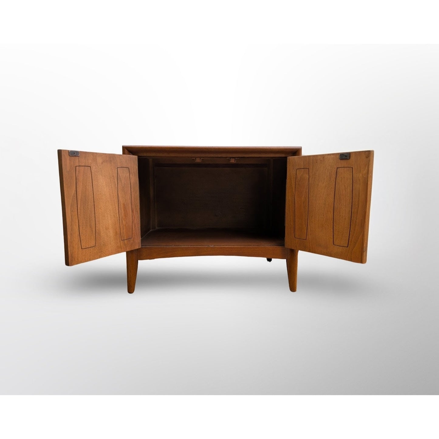 Pair of Broyhill Emphasis walnut nightstands restored mid century modern bedroom furniture