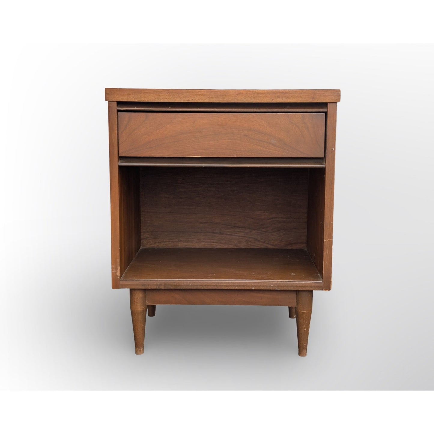 Broyhill Pacemaker walnut nightstand mid century modern single drawer bedside table restored vintage