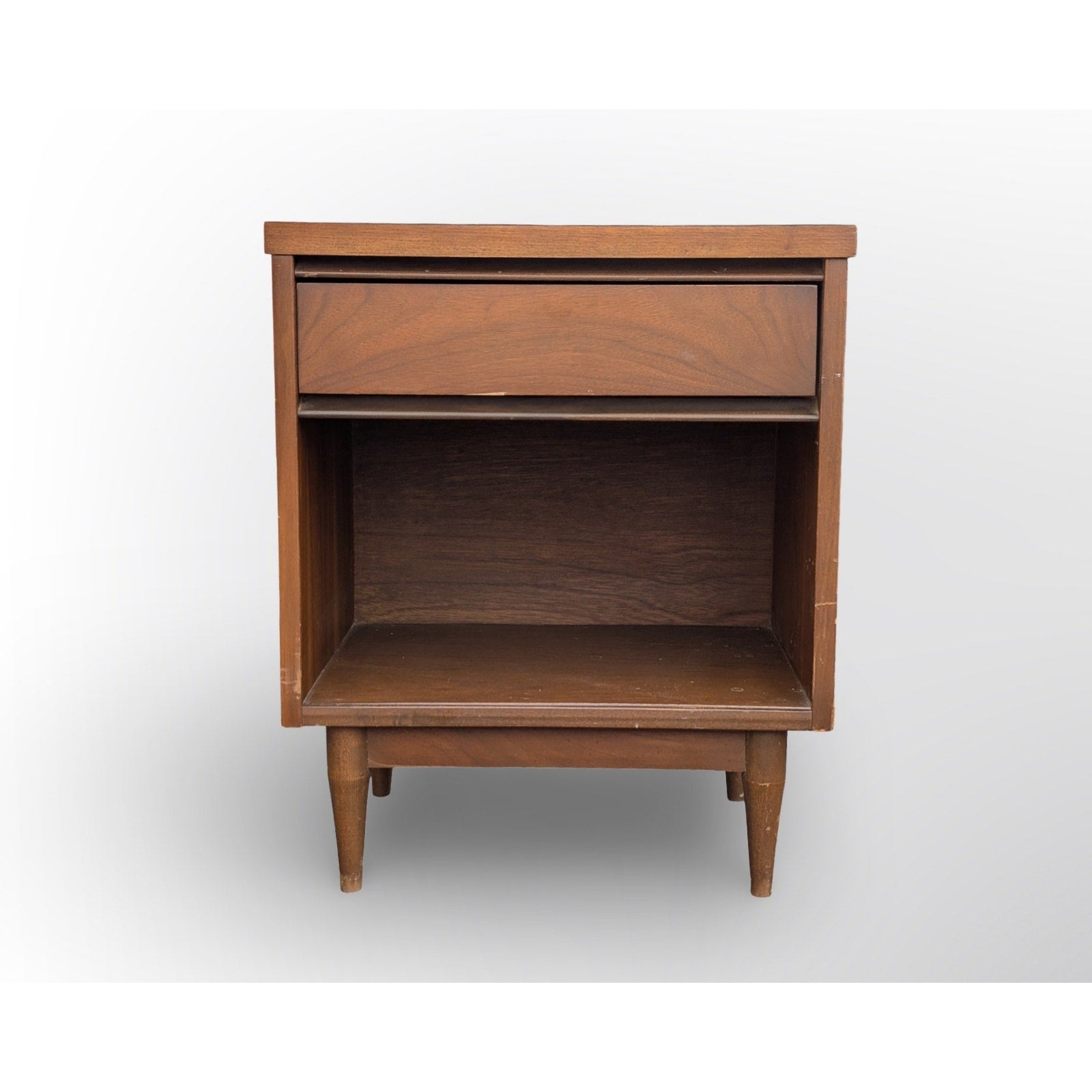 Broyhill Pacemaker walnut nightstand mid century modern single drawer bedside table restored vintage