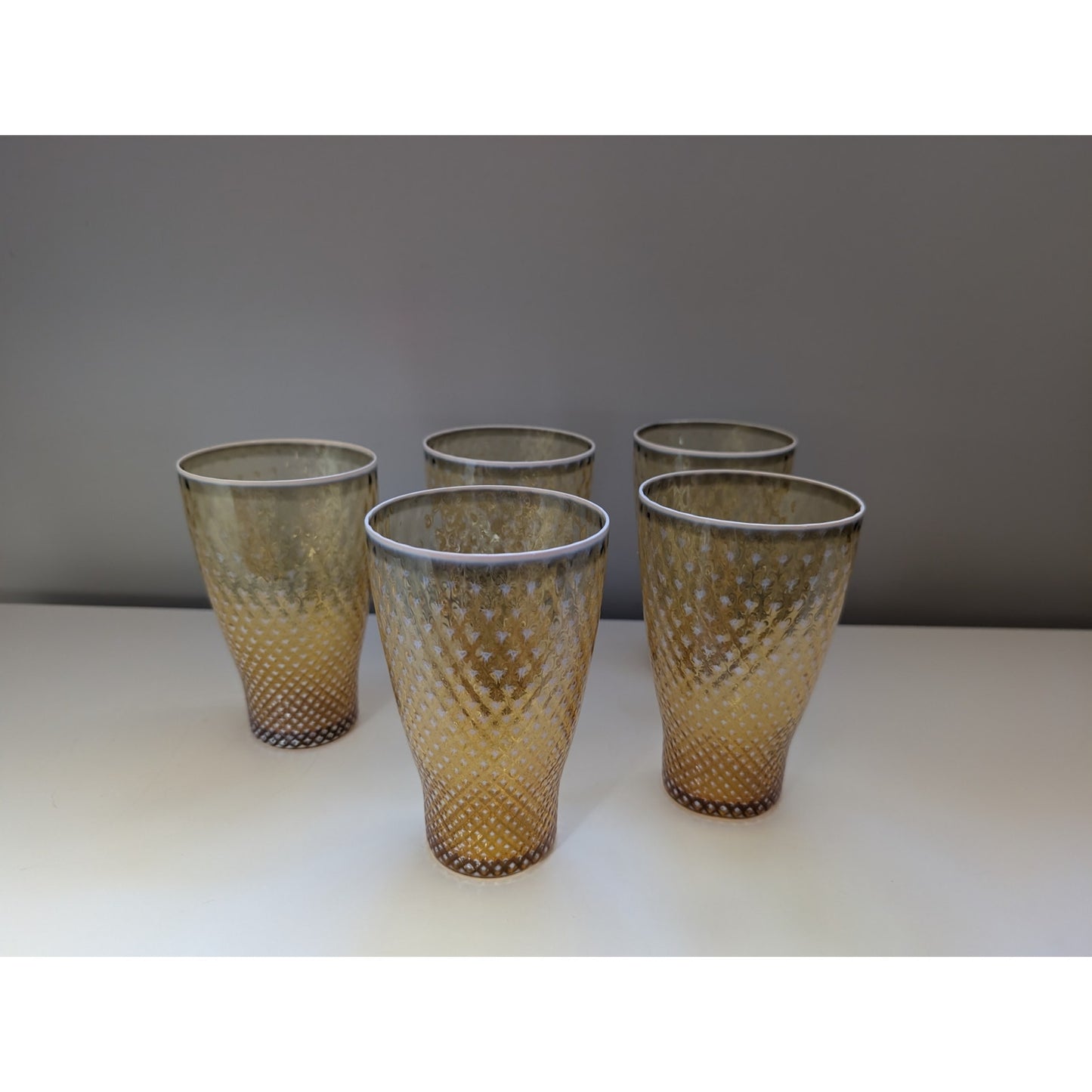 Set of 5 Fostoria Opalescent Gold Needlepoint Glass Tumblers