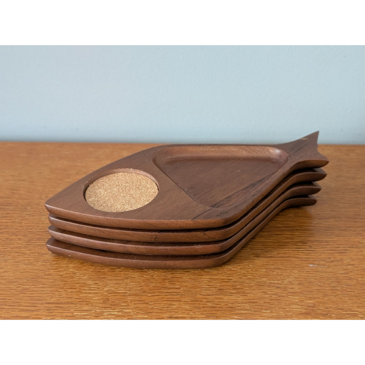 Vintage Set of 4 Jet Line Wood Fish Snack Tray Coasters - Mid-Century Modern — additional view 2