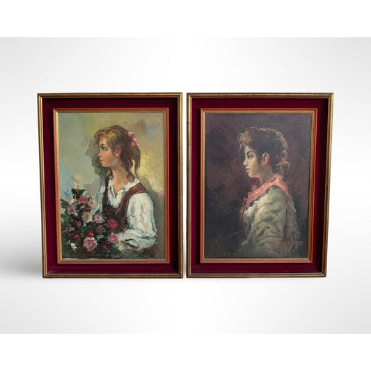 Vintage Signed Portrait Oil Paintings Pair Gilt Red Velvet Frames 27" x 35"