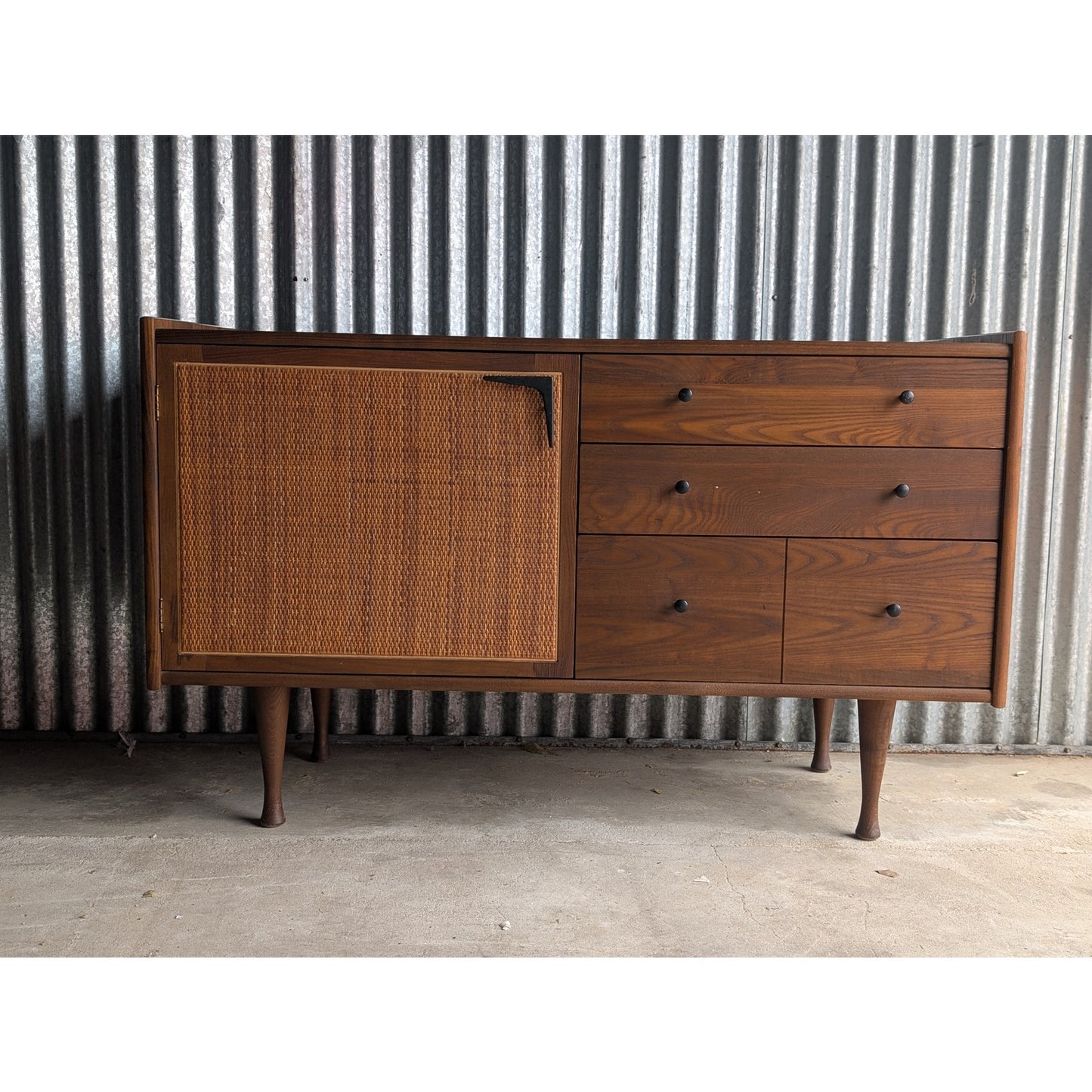 Heywood Wakefield Mid Century Modern Solid Oak Credenza with Cane Door