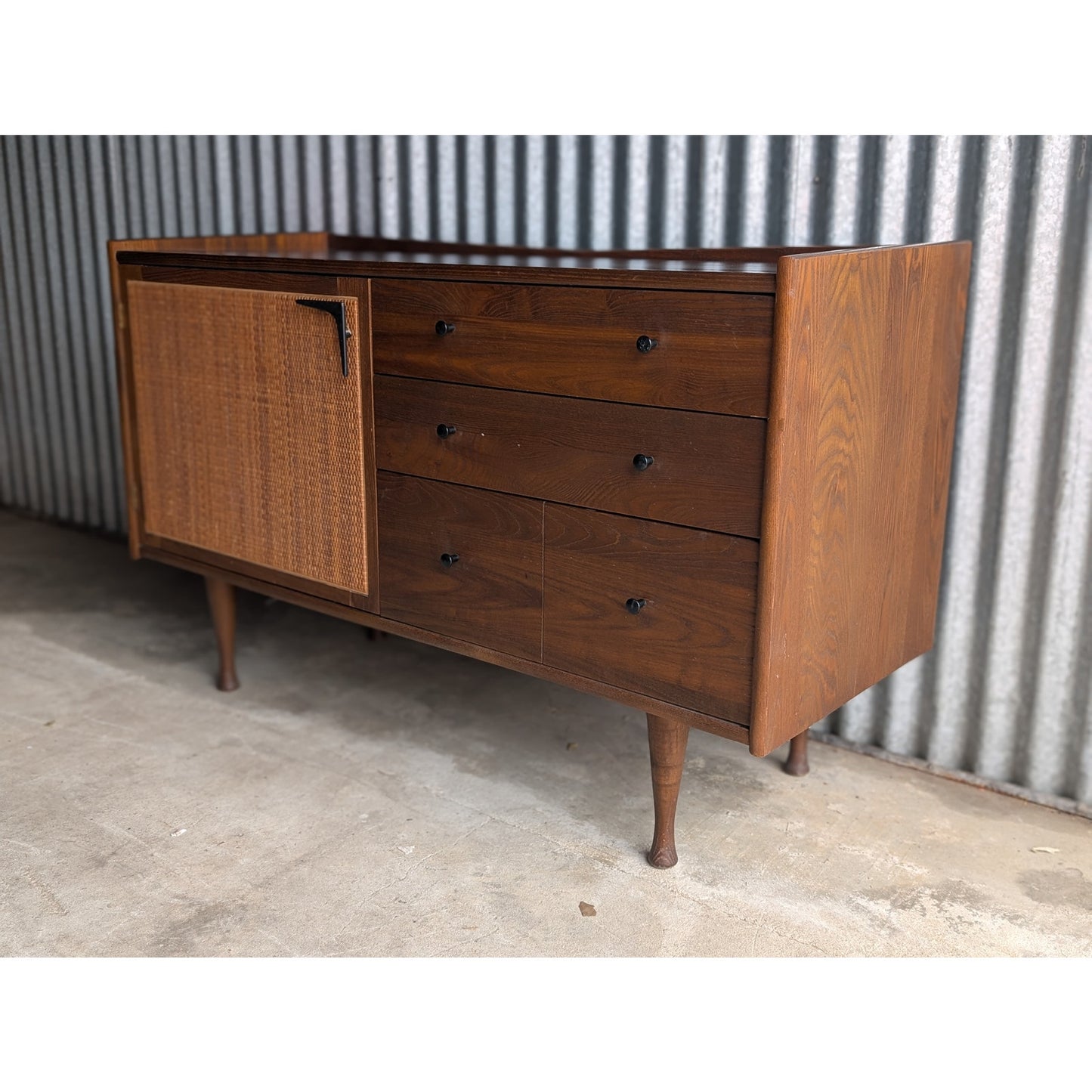 Heywood Wakefield Mid Century Modern Solid Oak Credenza with Cane Door