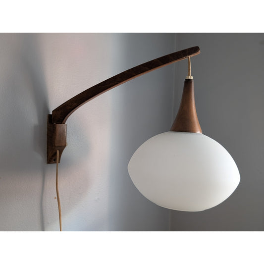 Vintage Mid-Century Modern Wall-Mount Swing Arm Pendant Lamp Frosted Glass Globe
