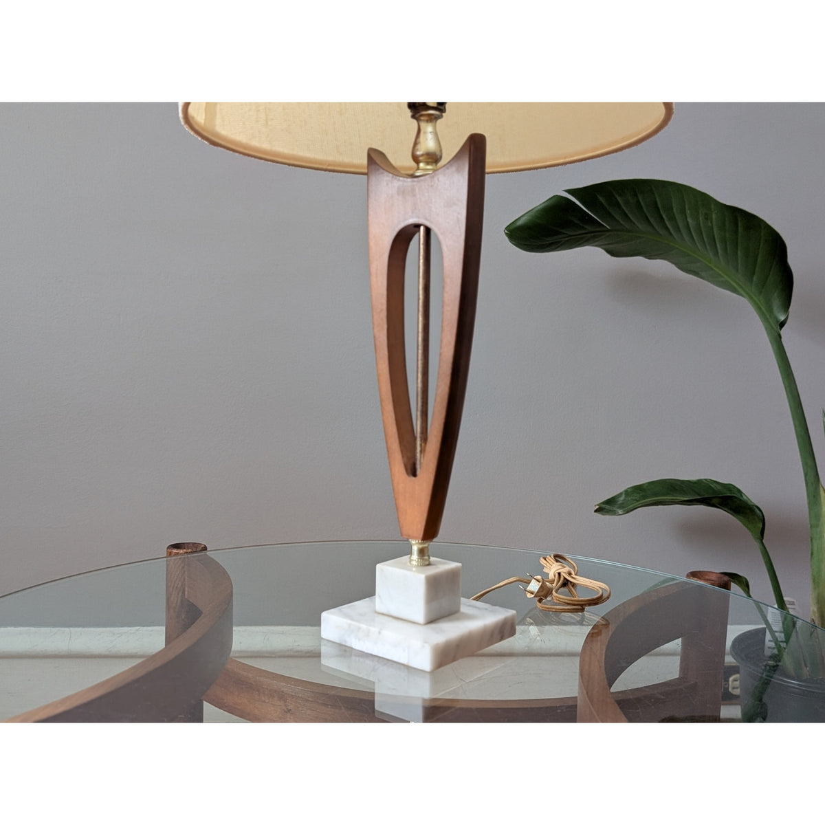 Vintage Mid-Century Modern Wood Lamp with White Stone Base and Shade – 29.75” Tall — additional view 2
