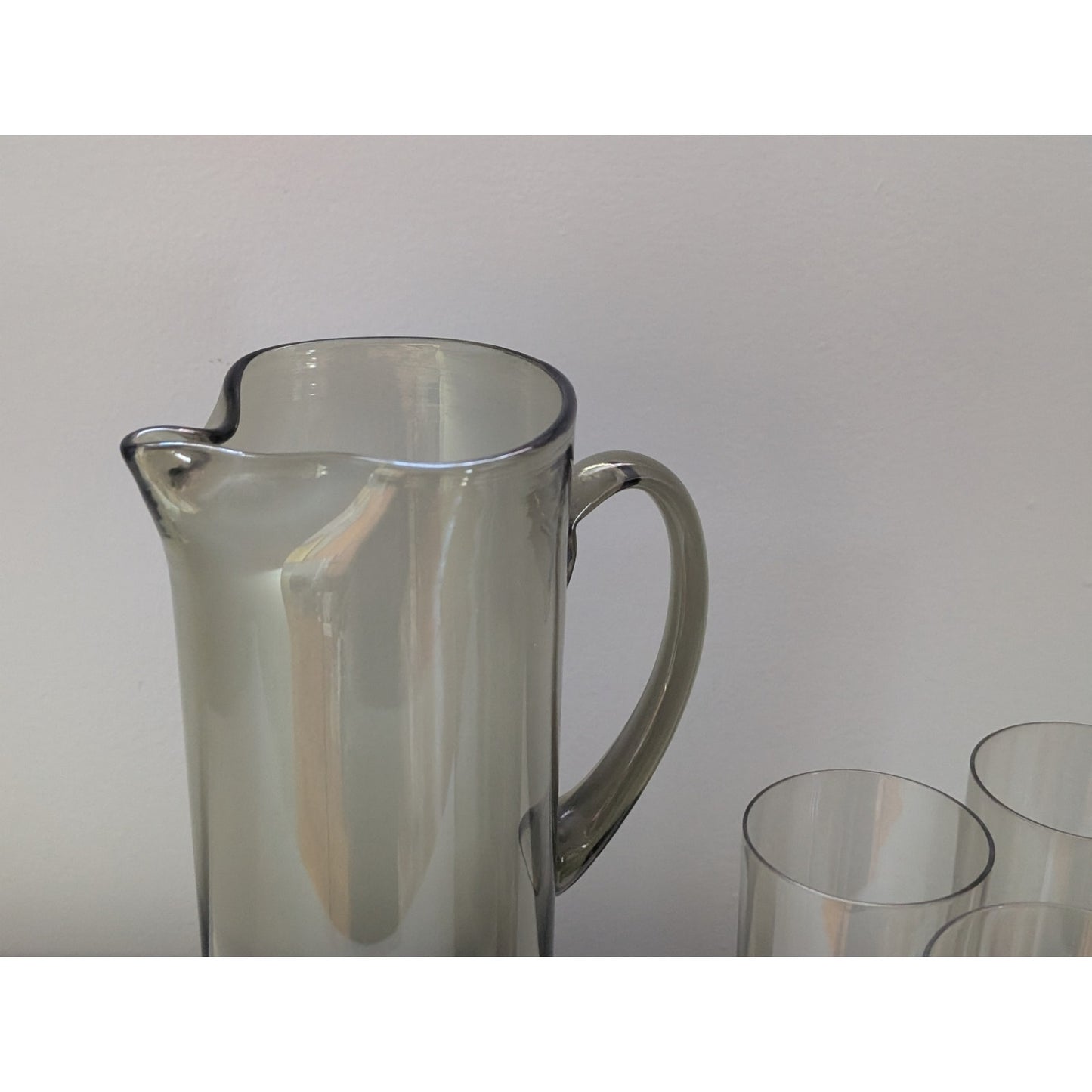 Vintage Mid-Century Modern Smoked Glass Lemonade Set with Pitcher & 6 Highball Glasses
