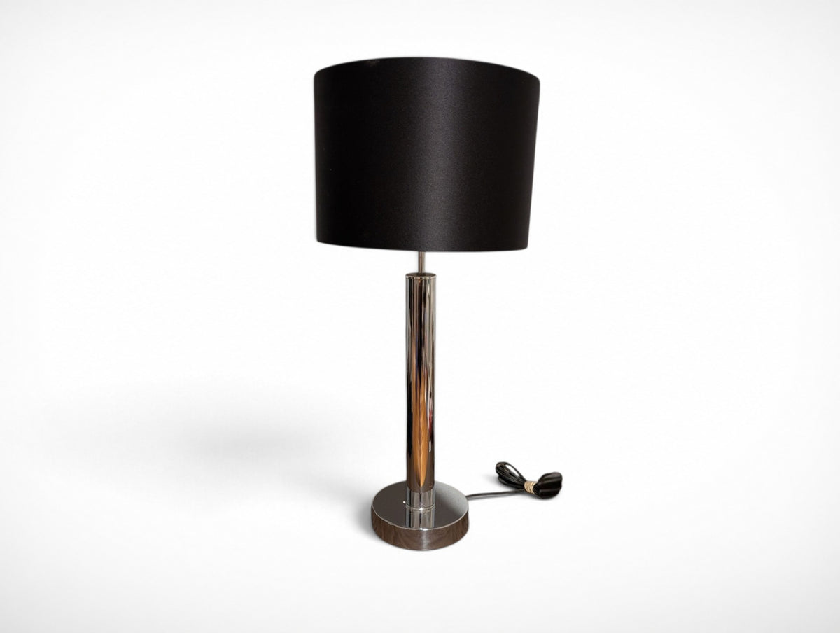 Vintage chrome mid century modern table lamp with black fabric drum shade, 14 x 14 x 30 inches