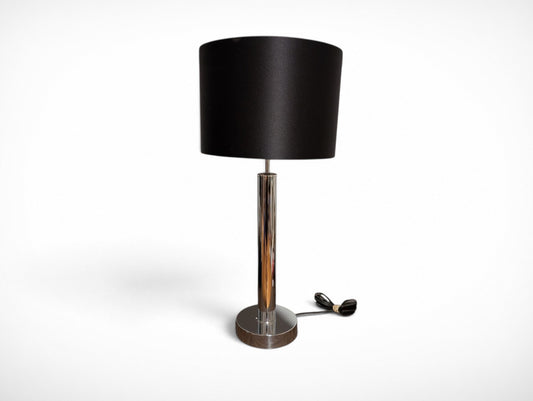 Vintage chrome mid century modern table lamp with black fabric drum shade, 14 x 14 x 30 inches