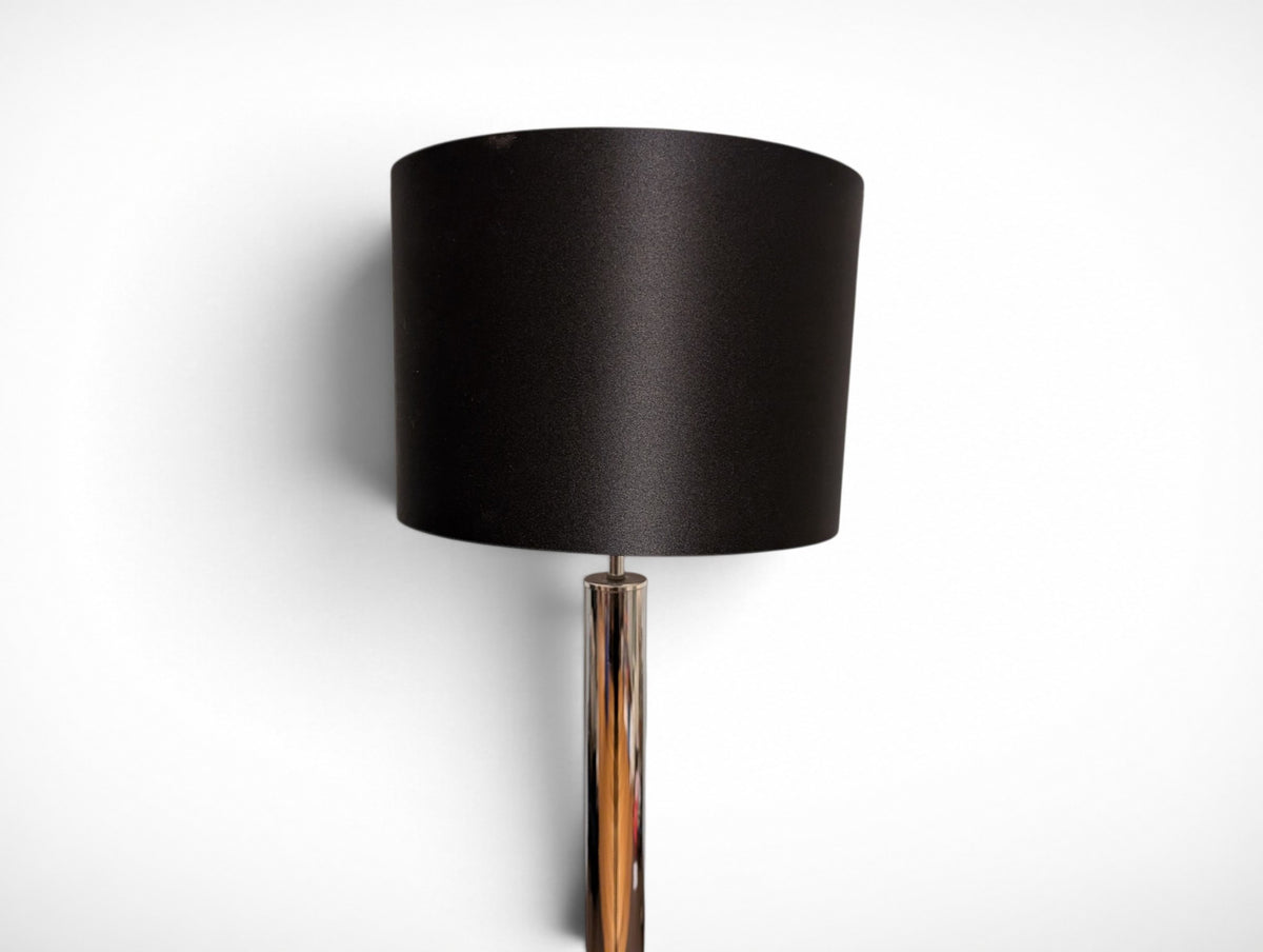 Vintage chrome mid century modern table lamp with black fabric drum shade, 14 x 14 x 30 inches