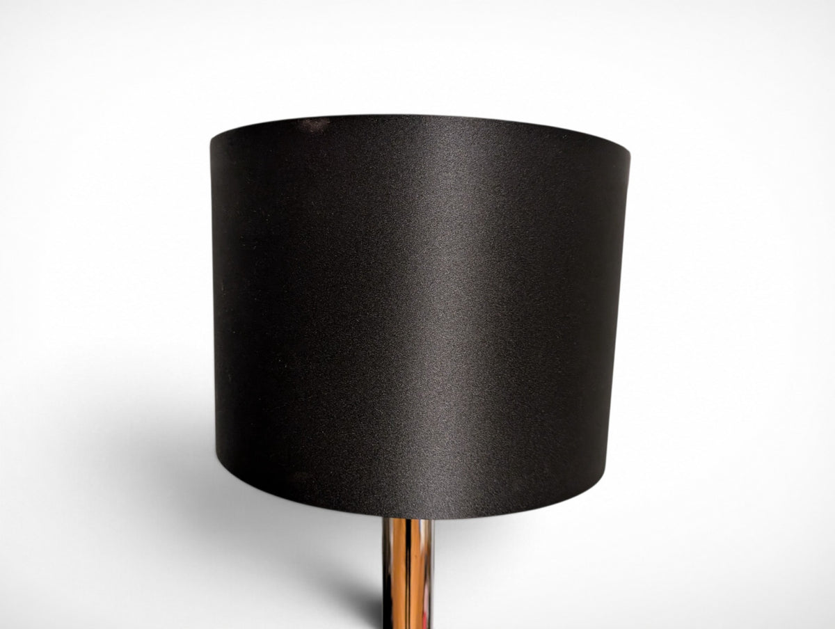 Vintage chrome mid century modern table lamp with black fabric drum shade, 14 x 14 x 30 inches