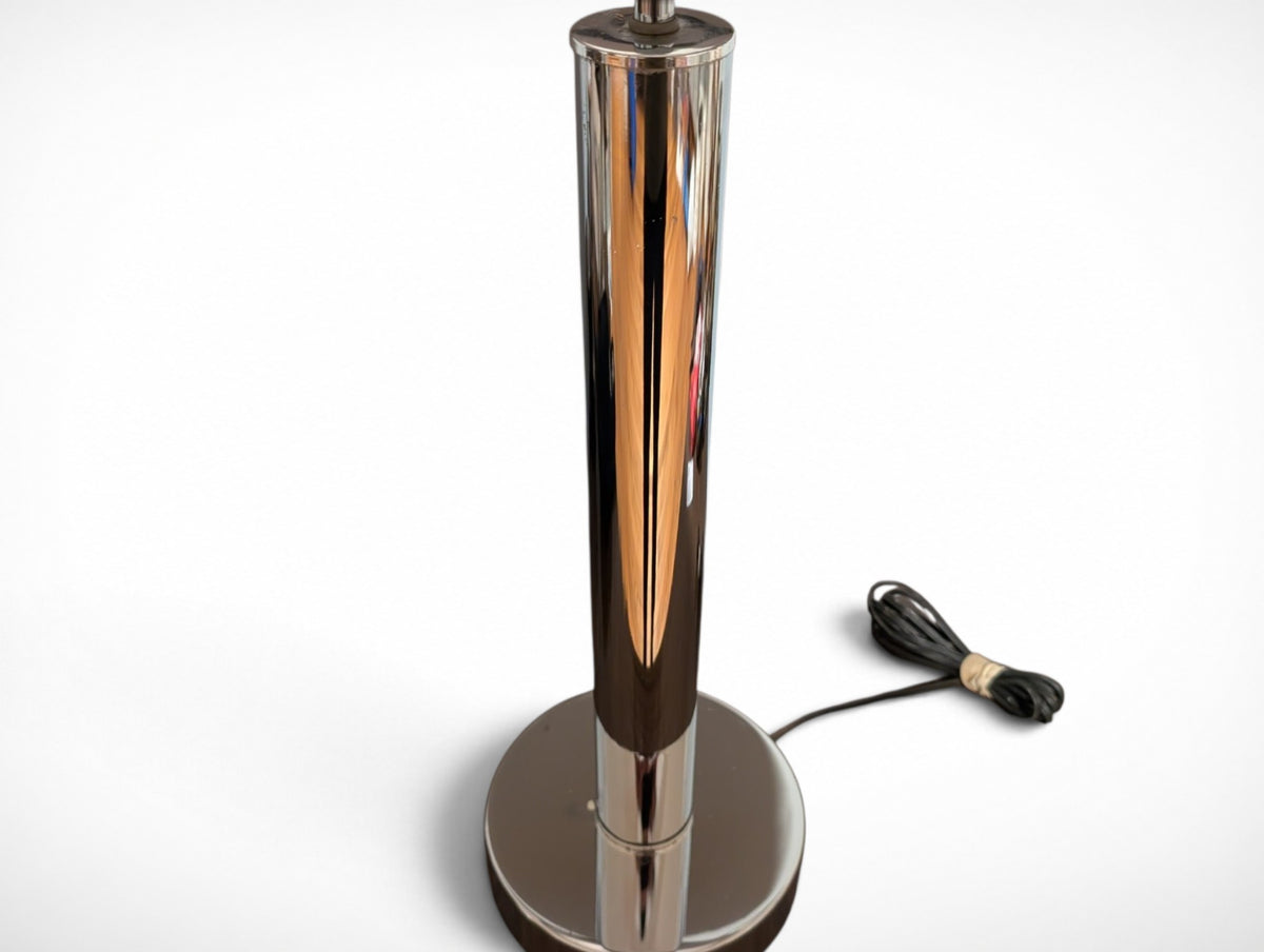 Vintage chrome mid century modern table lamp with black fabric drum shade, 14 x 14 x 30 inches