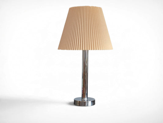 Vintage chrome mid century modern table lamp with pleated beige shade, 29.25 inches tall