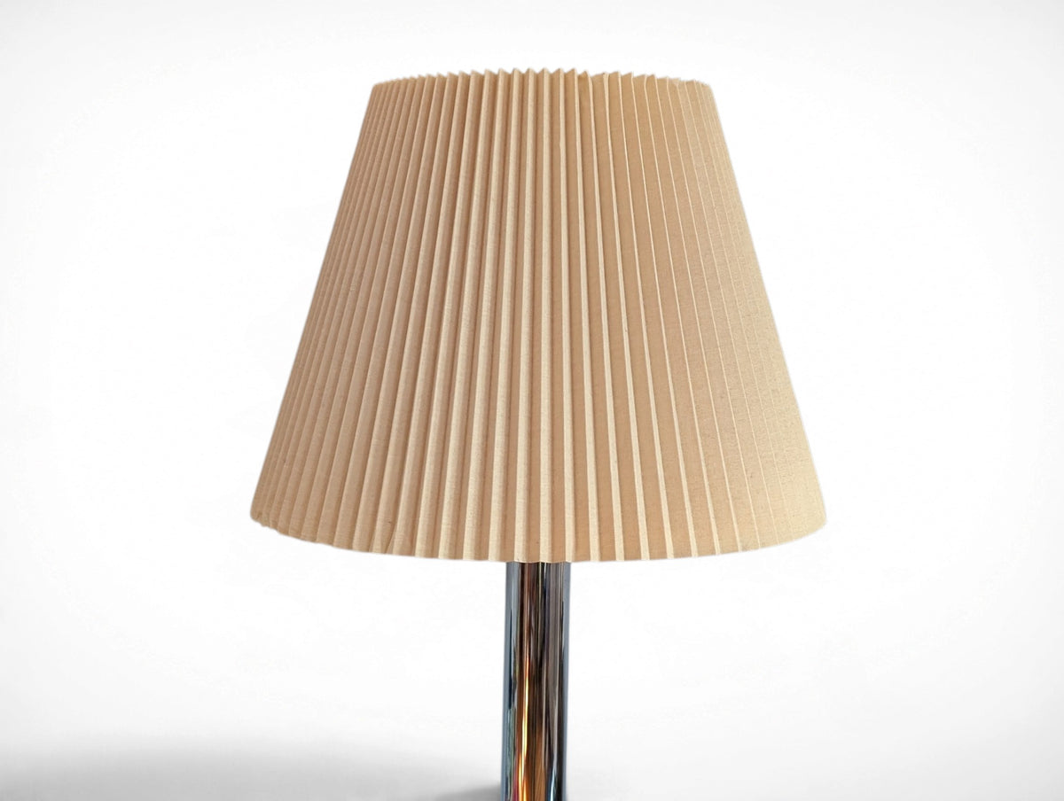 Vintage chrome mid century modern table lamp with pleated beige shade, 29.25 inches tall