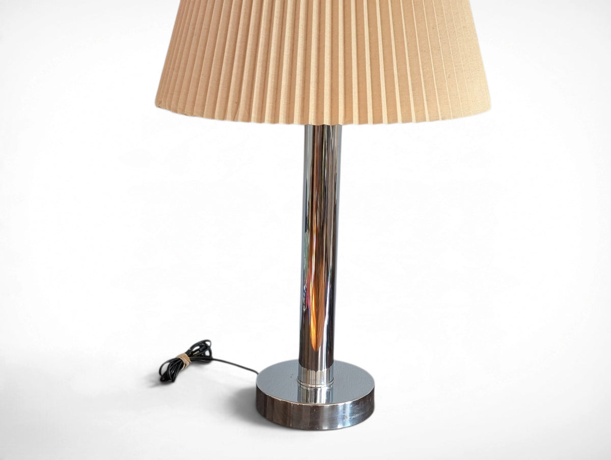 Vintage chrome mid century modern table lamp with pleated beige shade, 29.25 inches tall