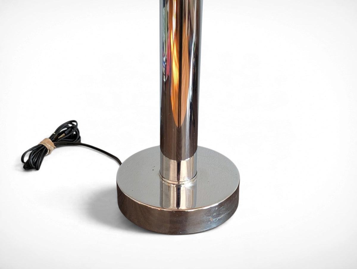 Vintage chrome mid century modern table lamp with pleated beige shade, 29.25 inches tall