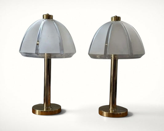 Pair of vintage clover mushroom table lamps with frosted glass shades, close-up view