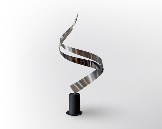 Vintage signed Curtis Jere ribbon swirl sculpture with heavy base in mid century modern abstract metal design